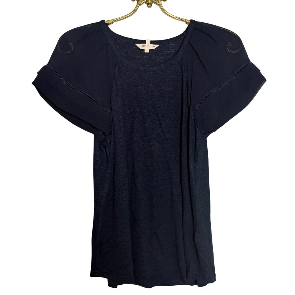 Rebecca Taylor Navy Blue Linen Silk Mixed Media Flutter Sleeve Blouse Small